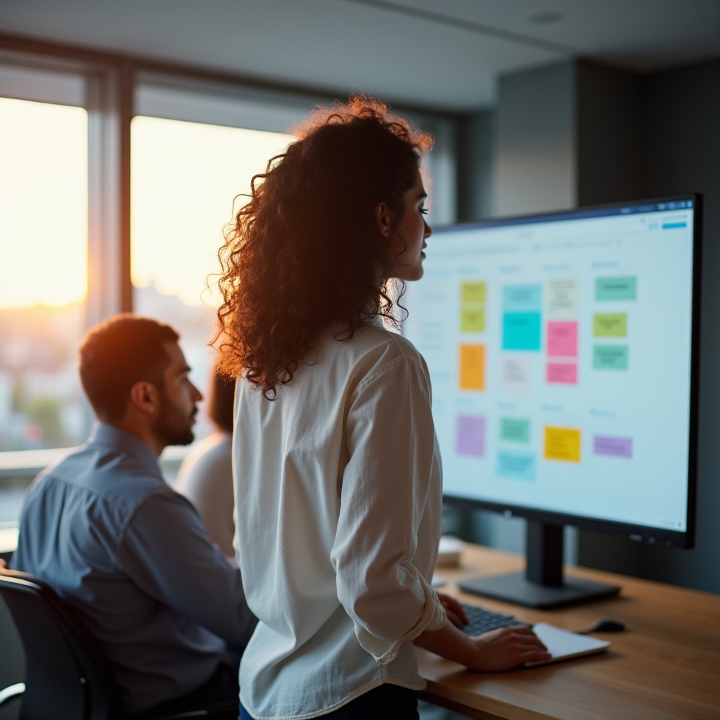 Team collaborating with digital project management tools in a modern workspace