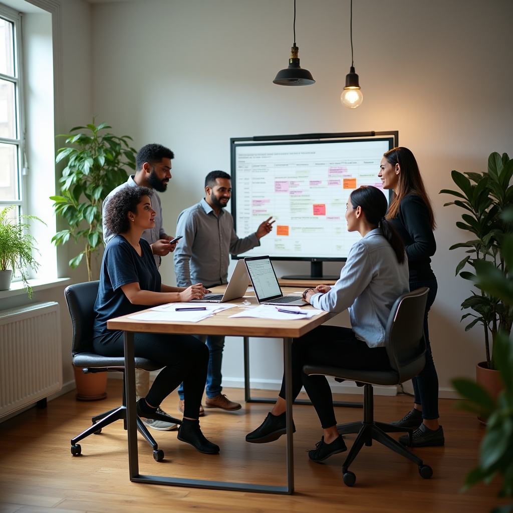 Small team planning session with sticky notes and a large monitor showing project boards